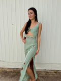 Sage Green Linen Embroidered Maxi Dress