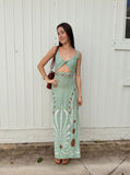 Sage Green Linen Embroidered Maxi Dress