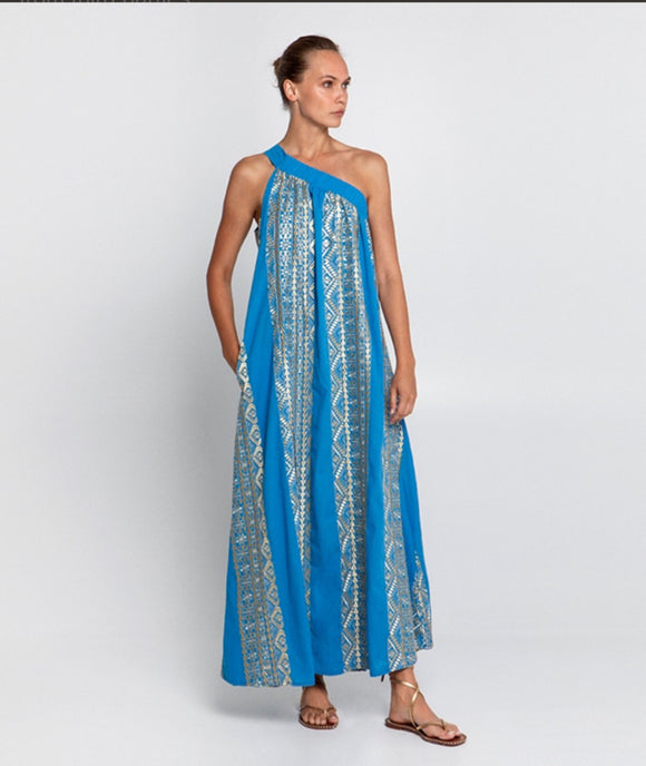 Greek Archaic Kori one shoulder embroidered maxi