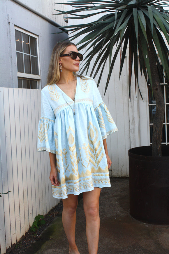greek style mini dress Greek Garden Puff Sleeve Mini Dress